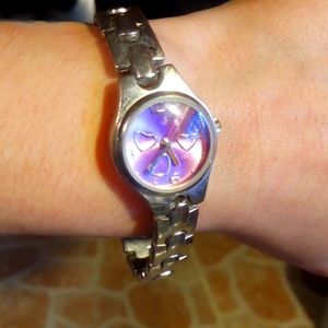 Pink and silver quartz watch with hearts
